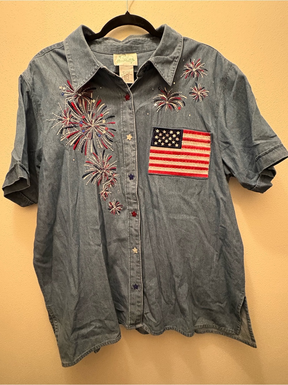Vintage - Embroidered Denim Button-Down Shirt with Flag & Firework Details